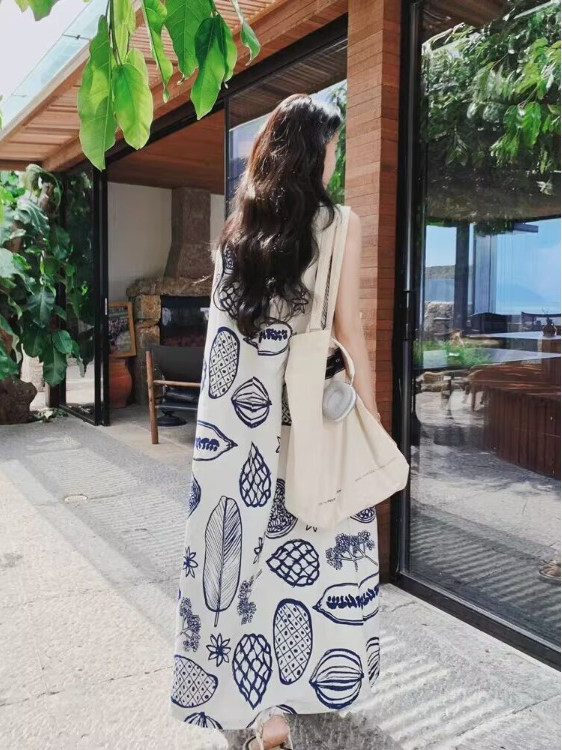 Summer Clothing Tagline - Gaun Vest A-Line Longgar Motif Tanaman