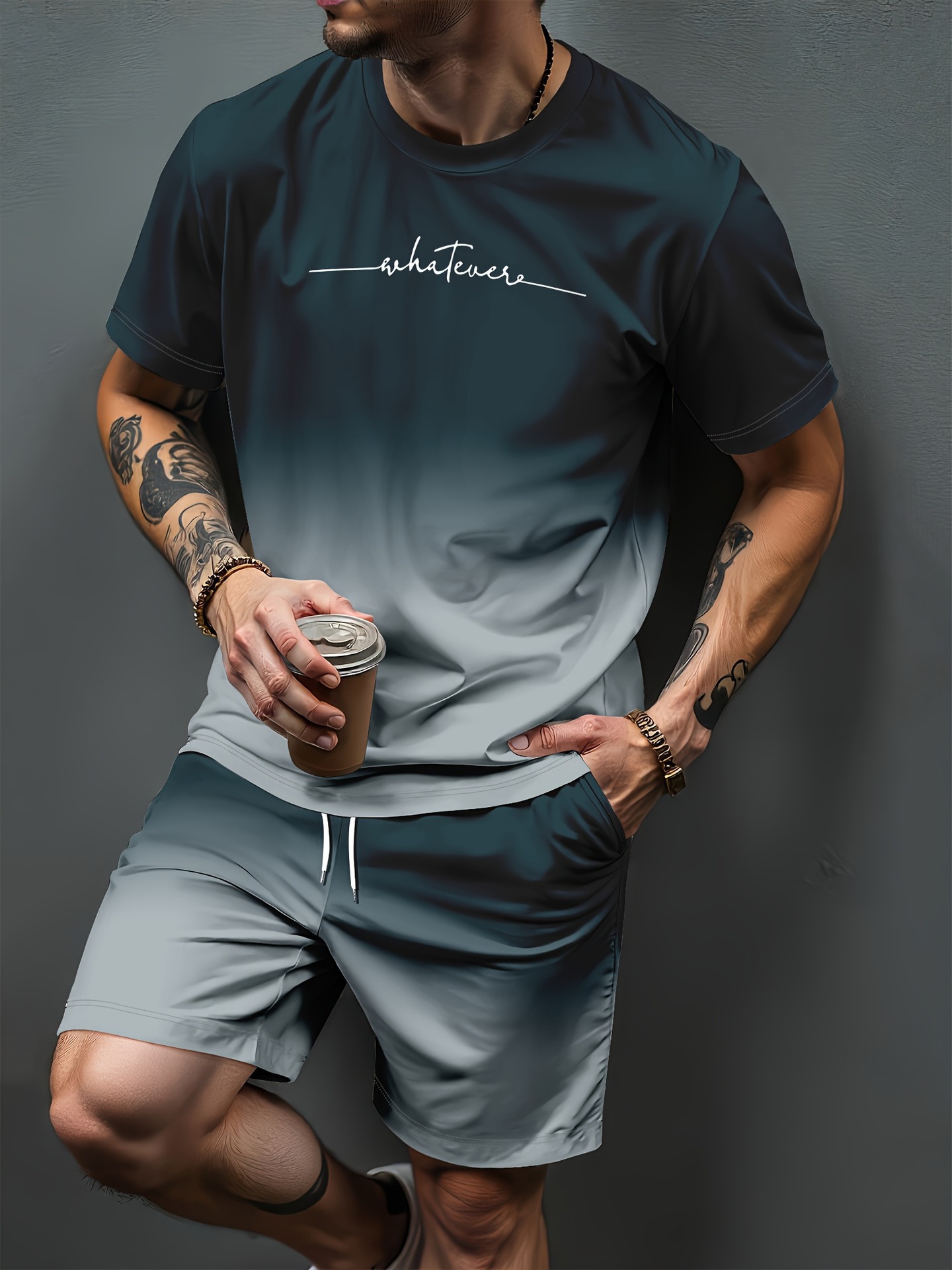 Summer Clothing Pieces - Pola Huruf Gradien Cetak 3D Setelan