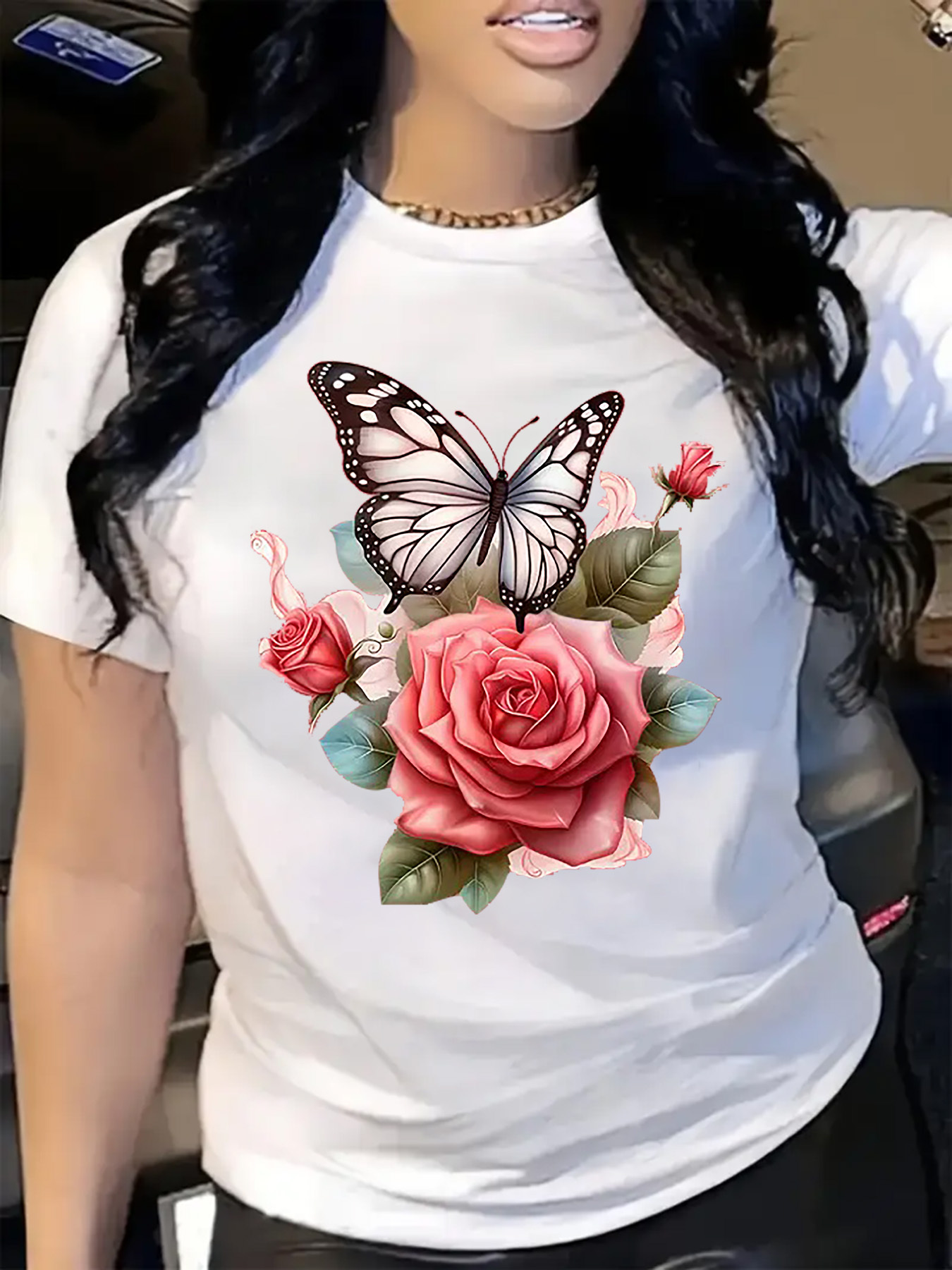 Summer Rose Clothing - Kaus Wanita Motif Mawar Kupu-kupu Kaus