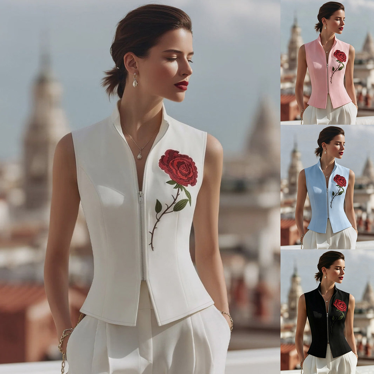 Summer Rose Clothing - Gaun Vest Tanpa Lengan Bordir Mawar
