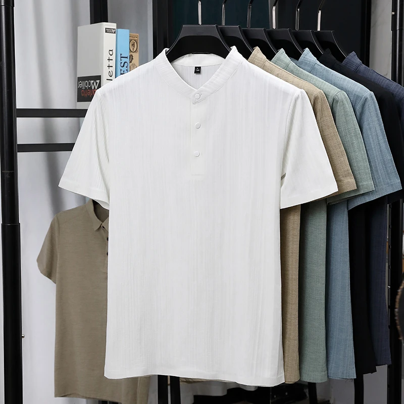 Kemeja Pria Kerah Mandarin Set - Summer Clothing Men Linen ulasan dan harga