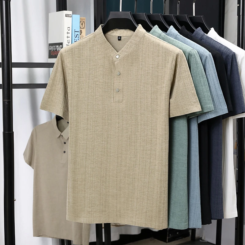 Kemeja Pria Kerah Mandarin Set - Summer Clothing Men Linen ulasan dan harga