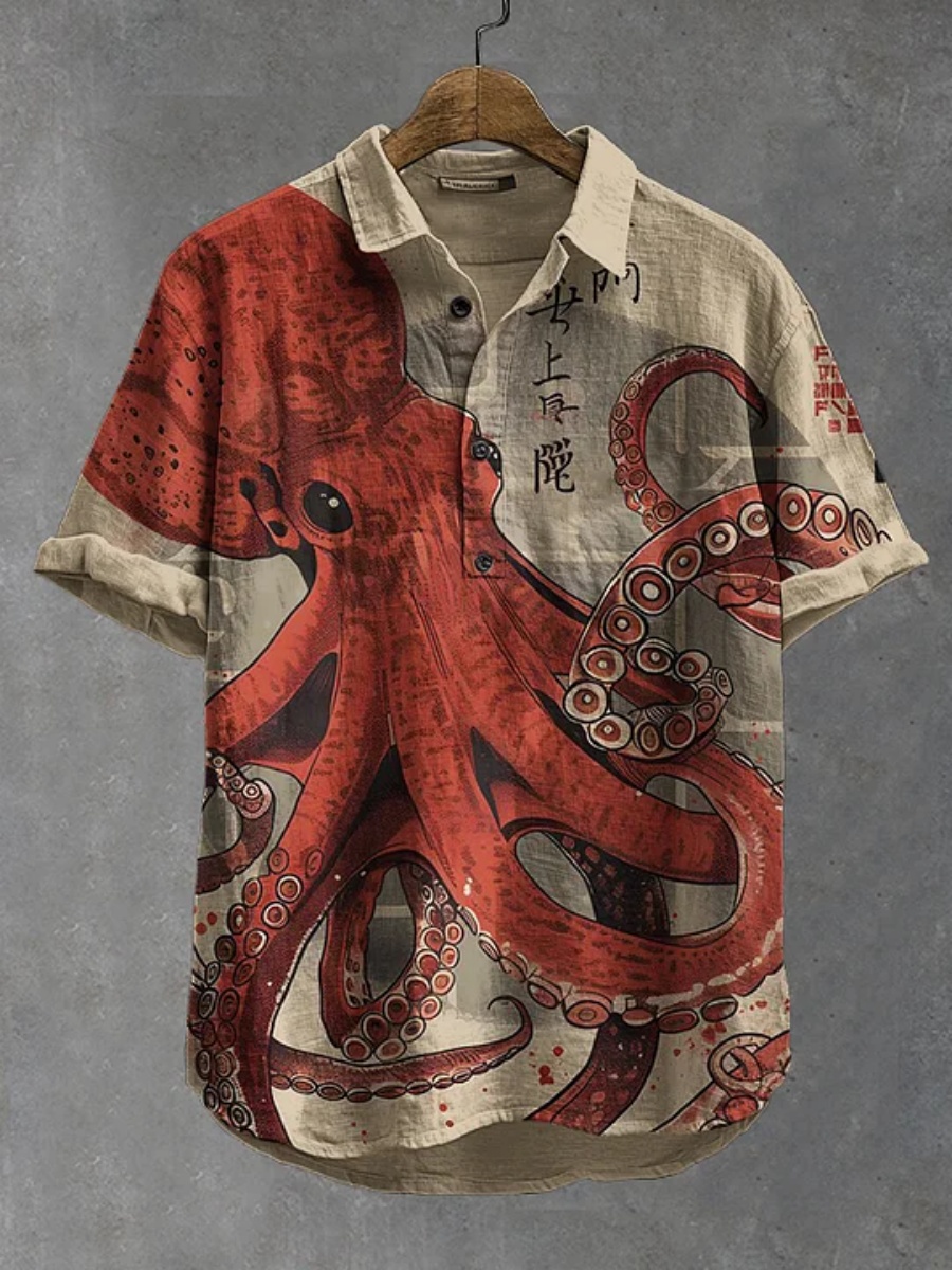 Kemeja polo pria motif gurita  - Summer Clothing Men Linen ulasan dan harga